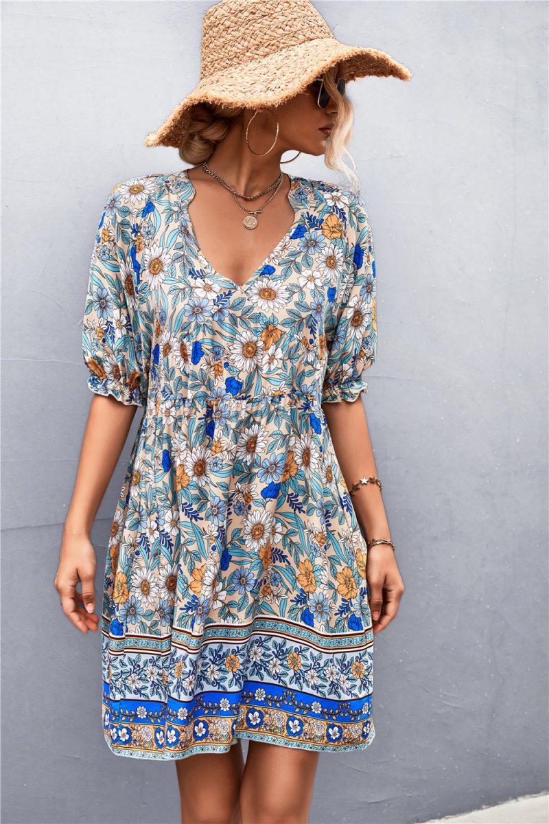 Spring Summer Bohemian V-neck Positioning Floral Dress for Women
