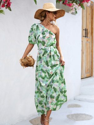 Popular Oblique Shoulder Printed Short Sleeve Dress