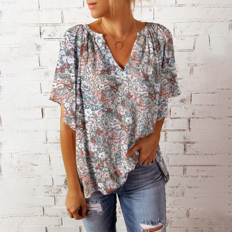 Summer Top Women V neck Printed Short Sleeve Loose Casual Pullover Shirt Women - Image 3