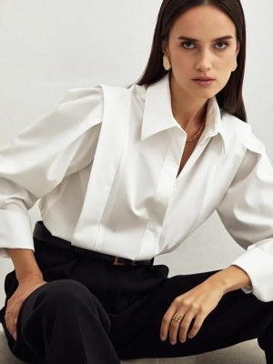 Spring New Right Angle Shoulder White Shirt Women Office Dignified Sense of Design Niche Long Sleeve Shirt