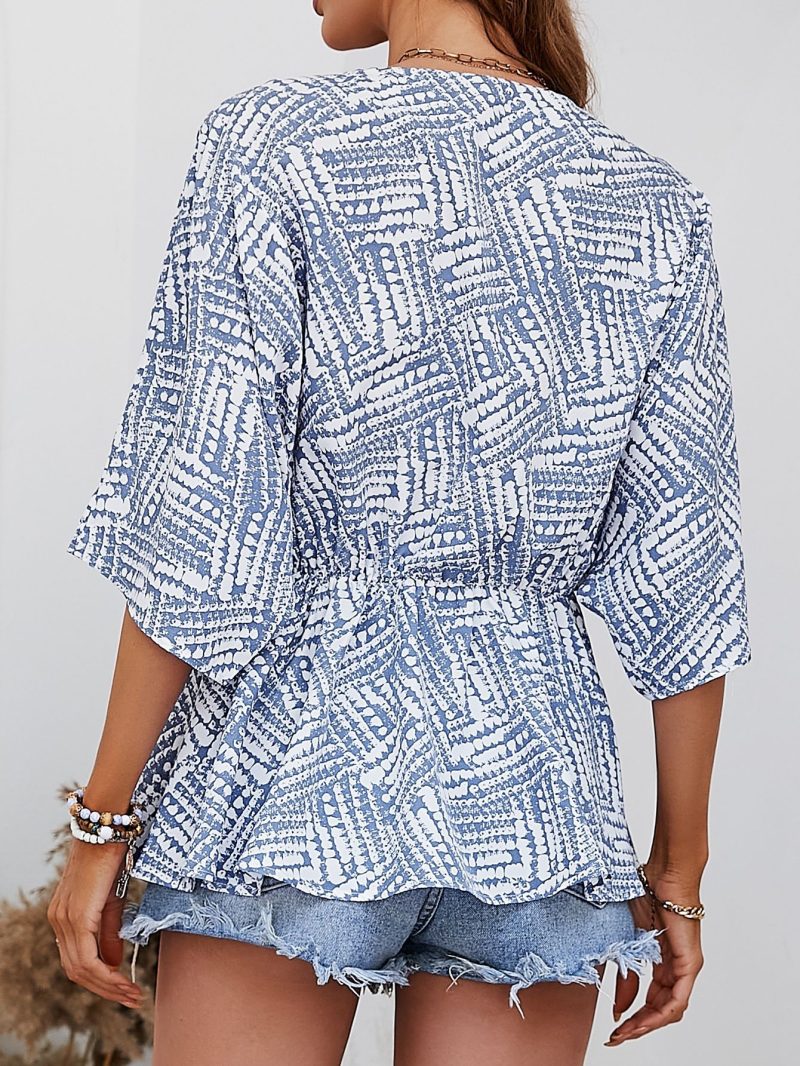 Summer Shirt V Neck Batwing Sleeve Loose Waist Trimming Printing Top Women - Image 3