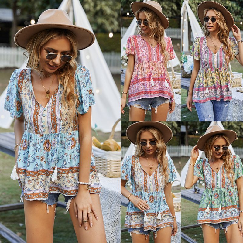 Bohemian Women Wear T-shirt Spring Summer Casual Vacation Babydoll Top - Image 4