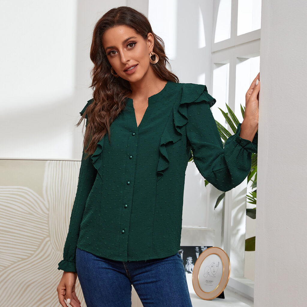 Autumn Solid Color Jacquard Ruffled V-neck Top for Women - Image 5