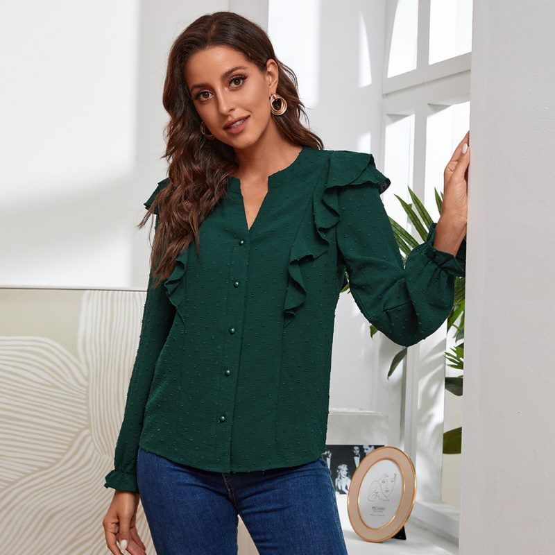 Autumn Solid Color Jacquard Ruffled V-neck Top for Women - Image 5