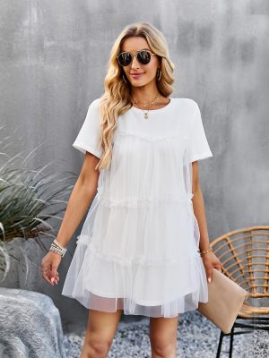 Mesh Stitching Ruffle Dress Summer Elegant round Neck Solid Color