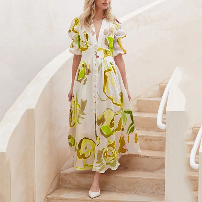 Spring Arrival Women Beach Dress Slim Fit Large Swing Elastic Printing Maxi Dress - Image 2