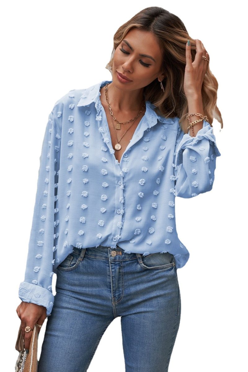 Autumn Women Clothing Long Sleeve Collared Shirt Polka Dot Chiffon Jacquard Cardigan Office Top - Image 2