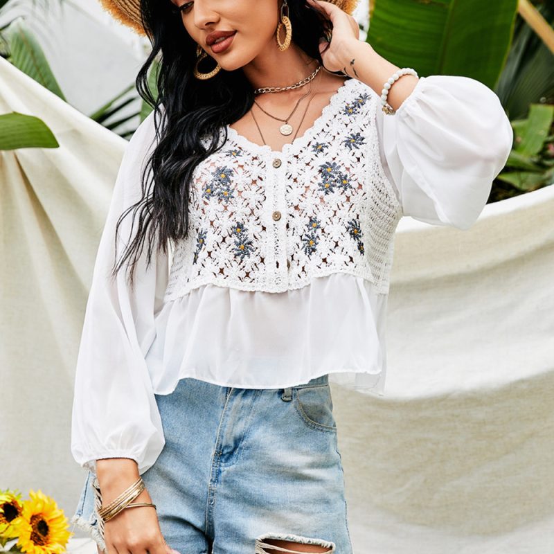 Summer Crochet Embroidery Embroidered Little Daisy Chiffon Shirt Cardigan - Image 4