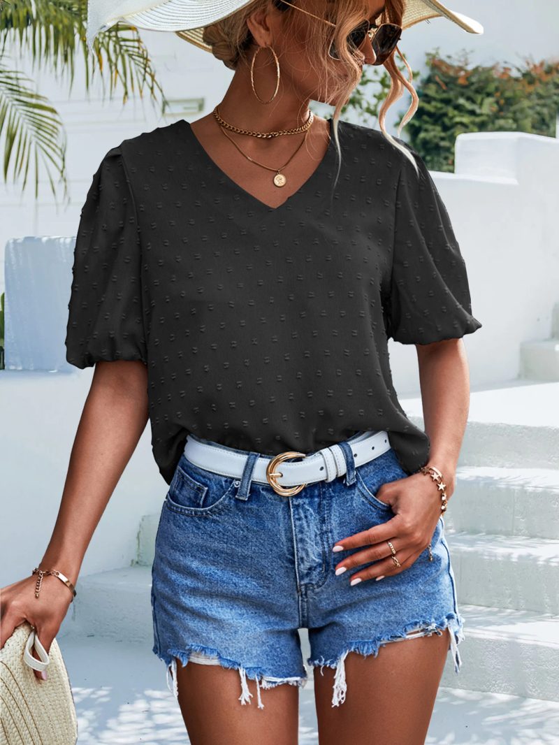Spring Summer V neck Polka Dot Jacquard Short Sleeve T shirt Casual Top Women - Image 3