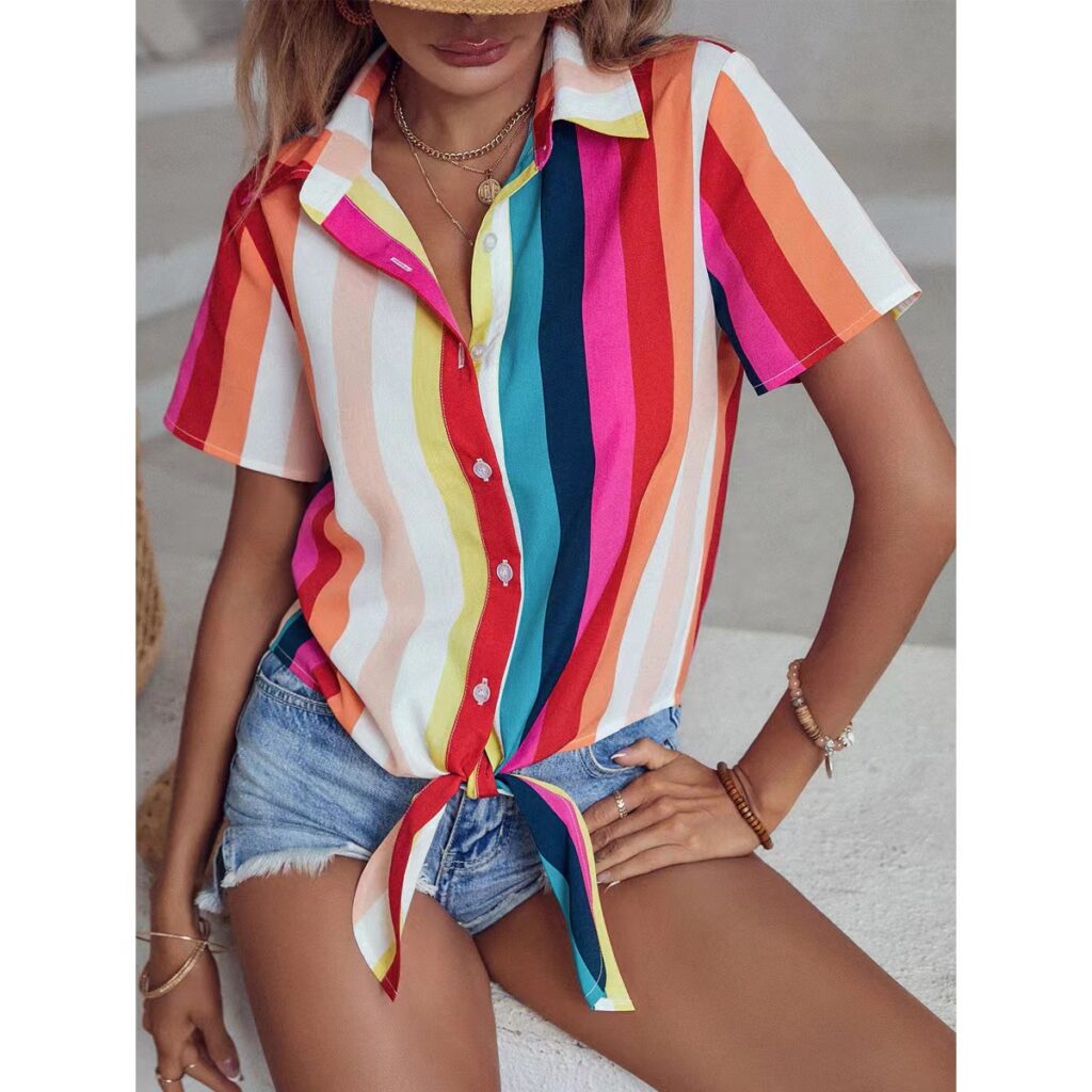 Eaby Sweet Blouse Colorful Striped Casual Polo Shirt - Image 2