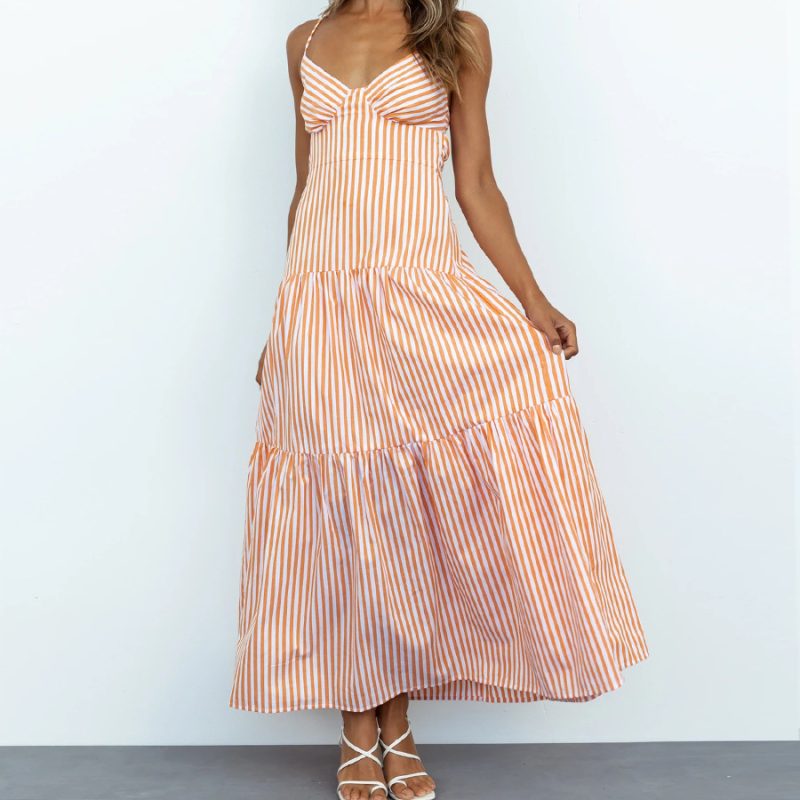Summer Sexy Strap Tube Top Striped Tied Dress Women Dress - Image 4