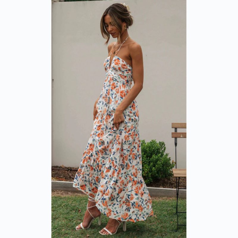 Summer Floral Deep V Plunge neck Backless Camisole Floral Dress - Image 3