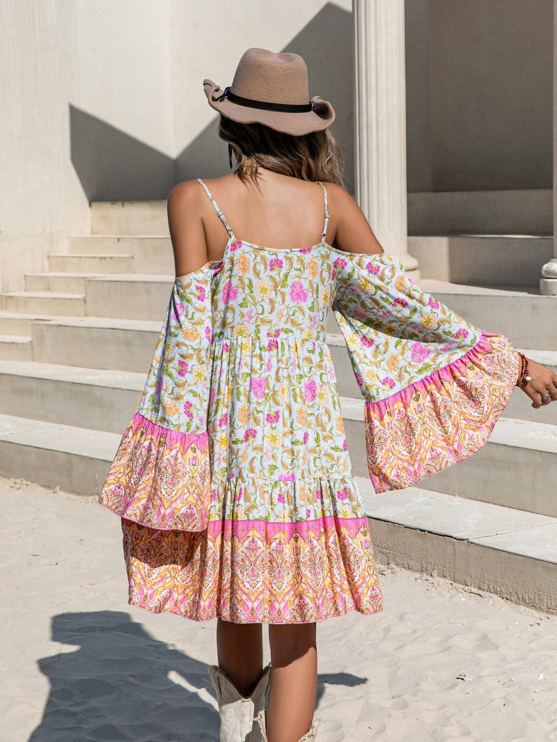 Loose Printed Off Shoulder Tassel Dress Vacation - Image 4