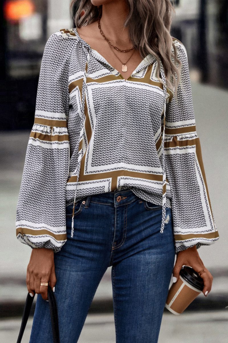 Autumn Winter Women Clothing Lantern Sleeve Printed Shirt - Image 2