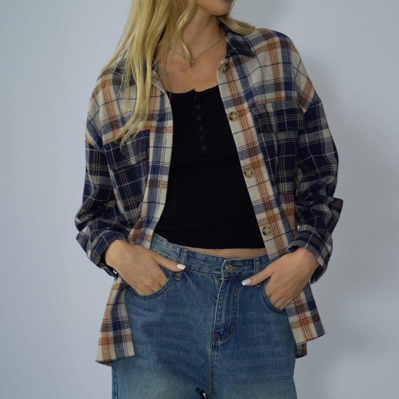 Women Clothing Spring Autumn Loose Stitching Off Shoulder Plaid Long Sleeve Single Breasted T Shirt Sweater Women - Image 3