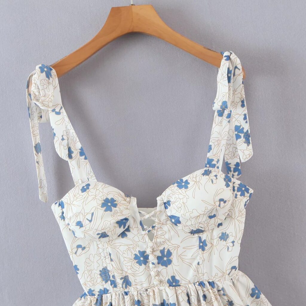 Sundress Seaside Vacation Printed Tied Spaghetti-Strap Wooden Ear Tiered Layered Dress for Women - Image 3