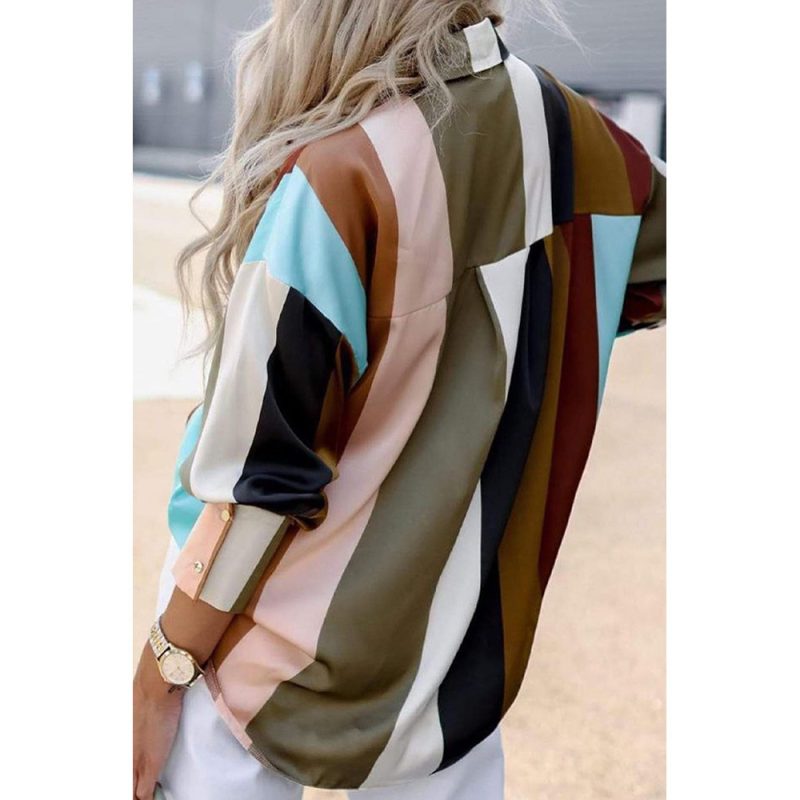 Multi Color Stripe Color Block Long Sleeved Shirt Women Collared Single Breasted Shirt - Image 3