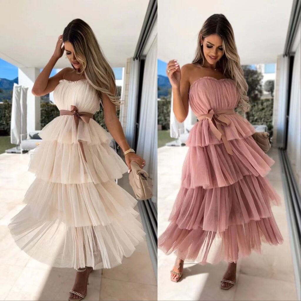 Mesh Elegant Bandeau Sexy Dress Cake Layer Dress - Image 4