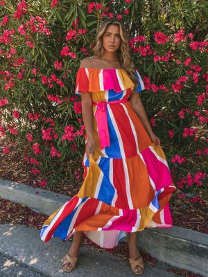 Summer Colorful Striped off-Shoulder Ruffled off-Shoulder Belt Large Swing Maxi Dress