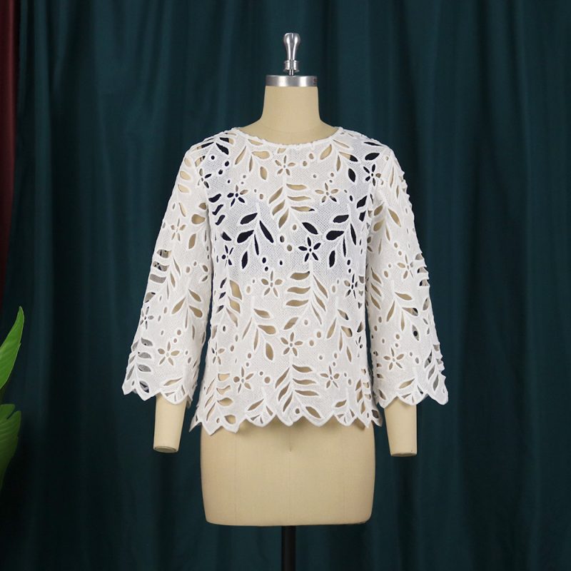 Design round Neck Loose Hollow Out Cutout out Crocheted Outer Wear Nine-Quarter Sleeve Shirt Blouse Women Lace Shirt - Image 2