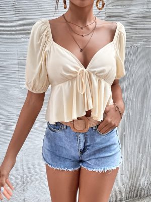 Women  Clothing Exclusive V neck Top Backless Short Sleeve Tied Shirt