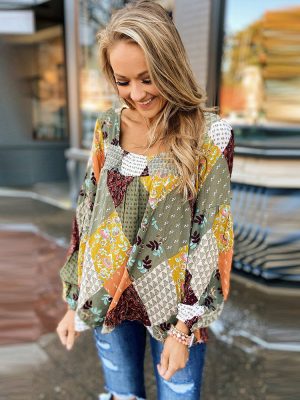 Green Square Collar Mixed Printed Top Women  Casual Long Sleeves T shirt