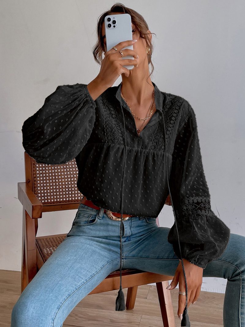 Autumn New Polka Dot Chiffon Lace Stitching Loose Office Women Shirt - Image 3