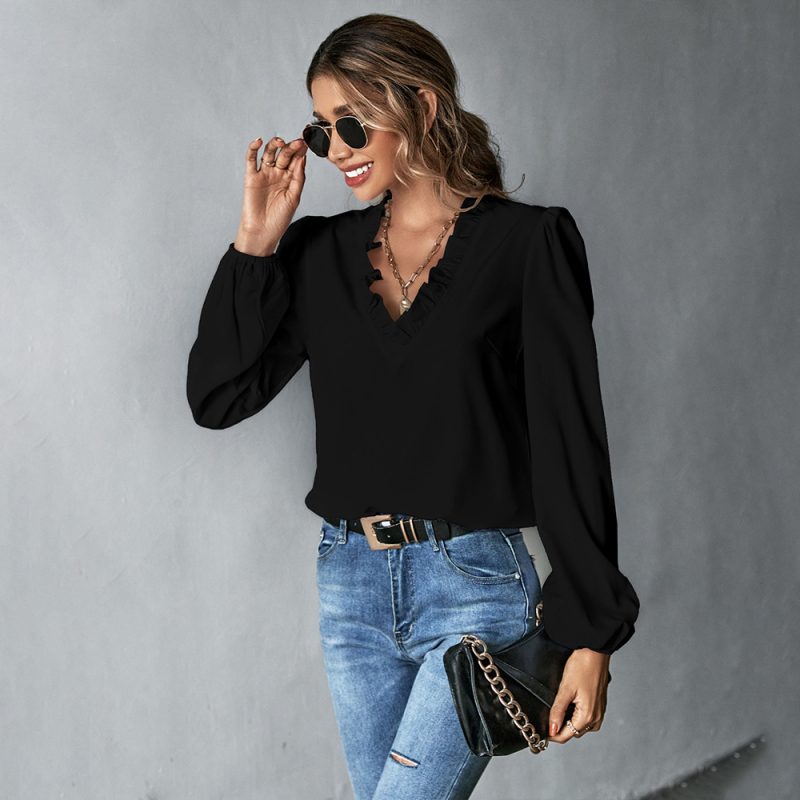 Women Ruffled V neck Loose Long Sleeve Office Ladies Shirt Top - Image 2