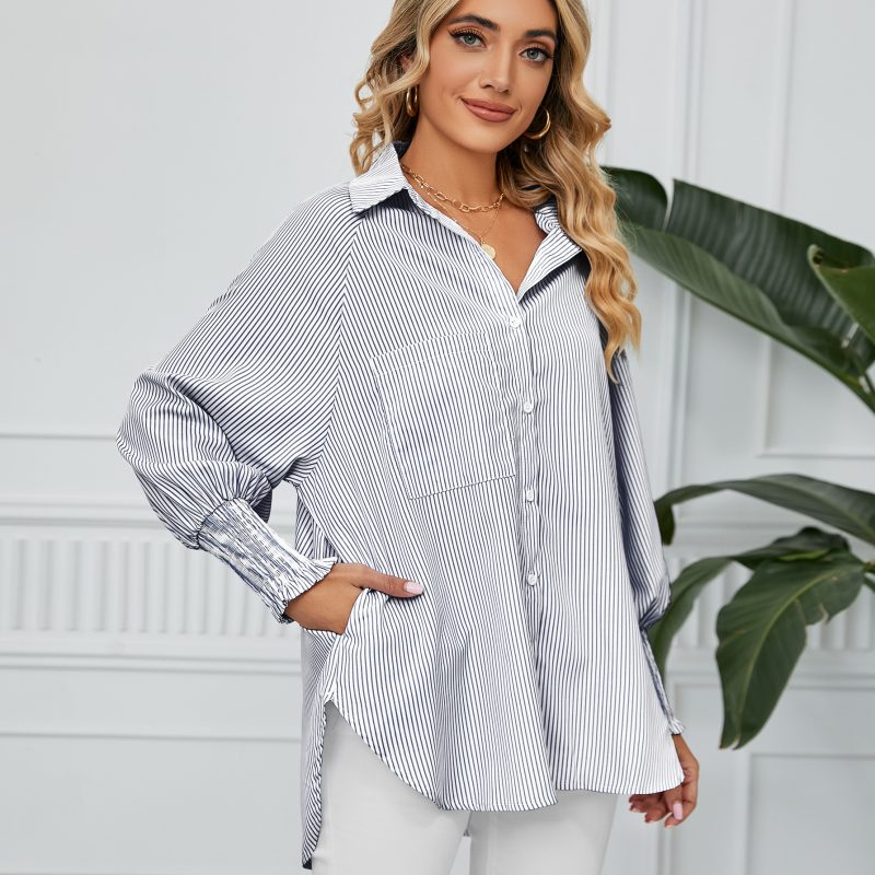 Women Clothing Trade Cuff Pleating Loose Striped Shirt Top - Image 3