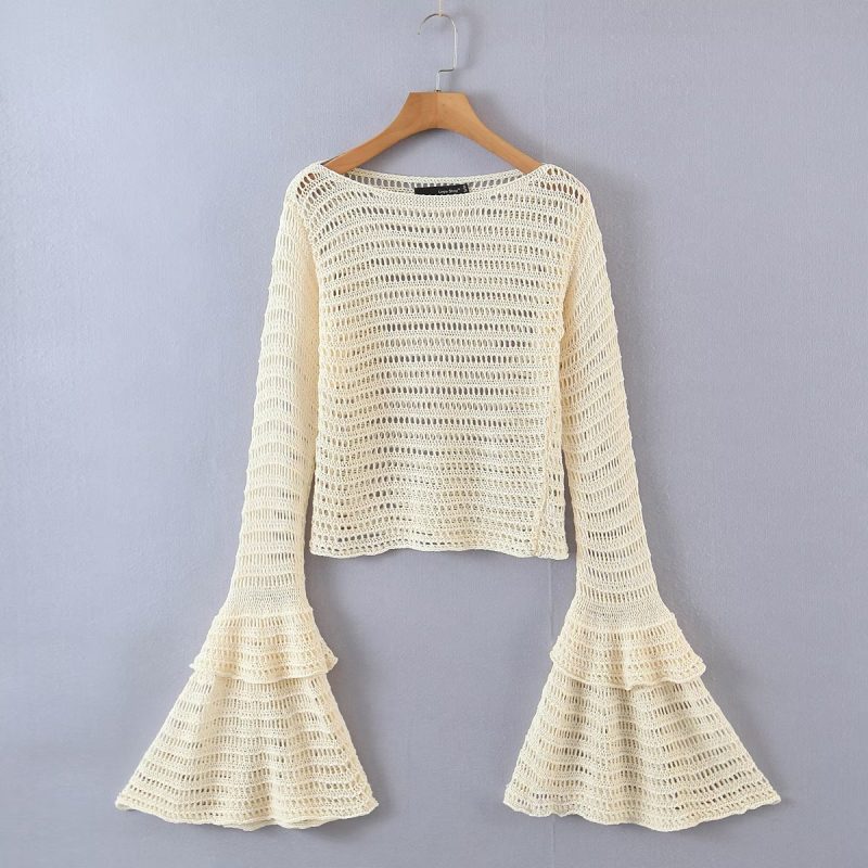 Autumn Oversized Flare Sleeve Sweater Hollow Out Cutout-out Pullover Top - Image 2