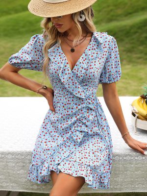 Summer Ruffled Dress Chiffon Polka Dots V neck