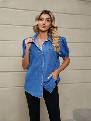 Collared Thin Denim Shirt Casual Top Trendy Women