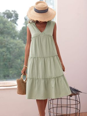 Sundress Arrival Summer Solid Color Vest Dress Green Cotton Linen Loose Babydoll Dress