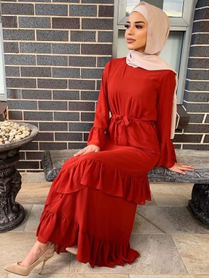 Women Muslim Ethnic Maxi Dress Ruffled Patchwork Flared Sleeves Dress