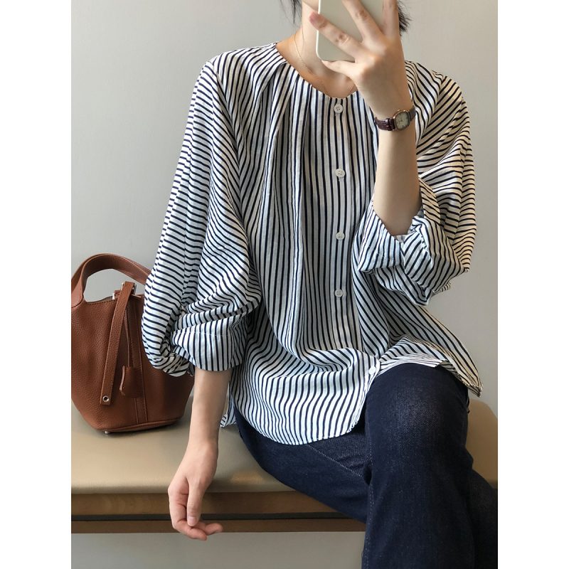 Loose round Neck Striped Shirt Spring Simple Graceful Bai Match Three Quarter Sleeve Shirt - Image 3