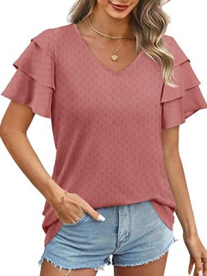 Women Clothing Summer V neck Ruffled Short Sleeve Casual Chiffon Blouse Women Tops