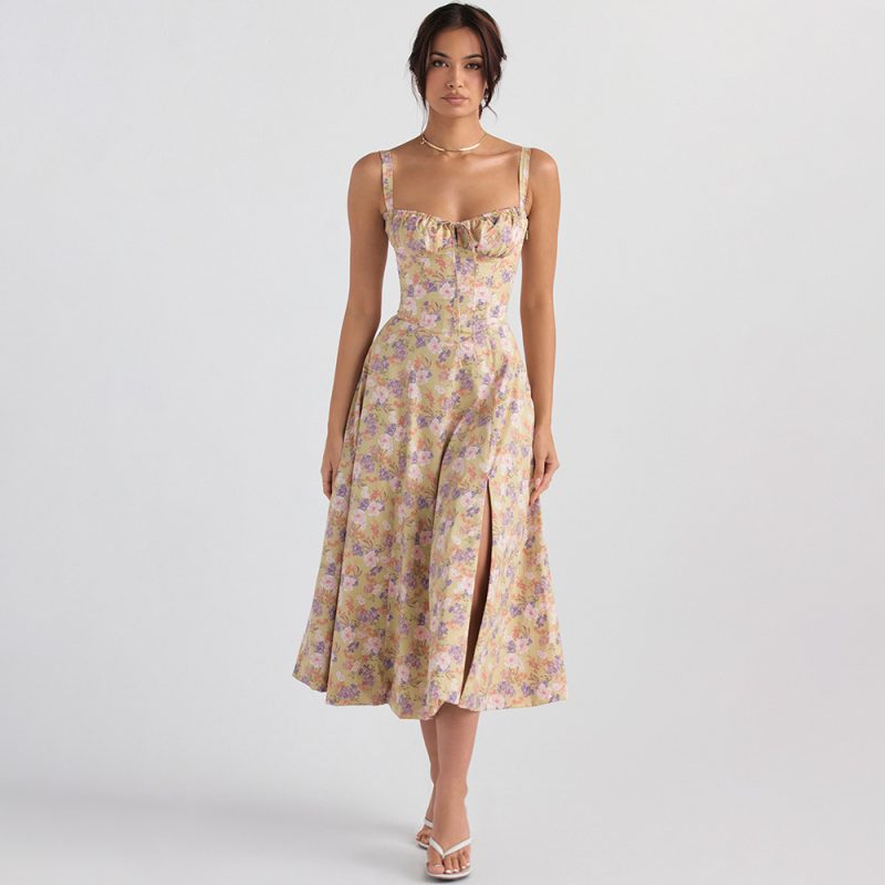 Summer Women Dress Slim Fit Slit Floral  Hollow Out Hollow Out Cutout Backless Strap Dress - Image 3