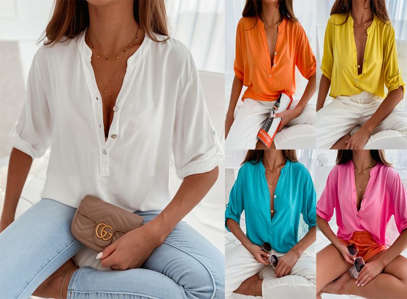 Popular Short Sleeve Stand Collar Loose Button Shirt Top for Women - Image 5