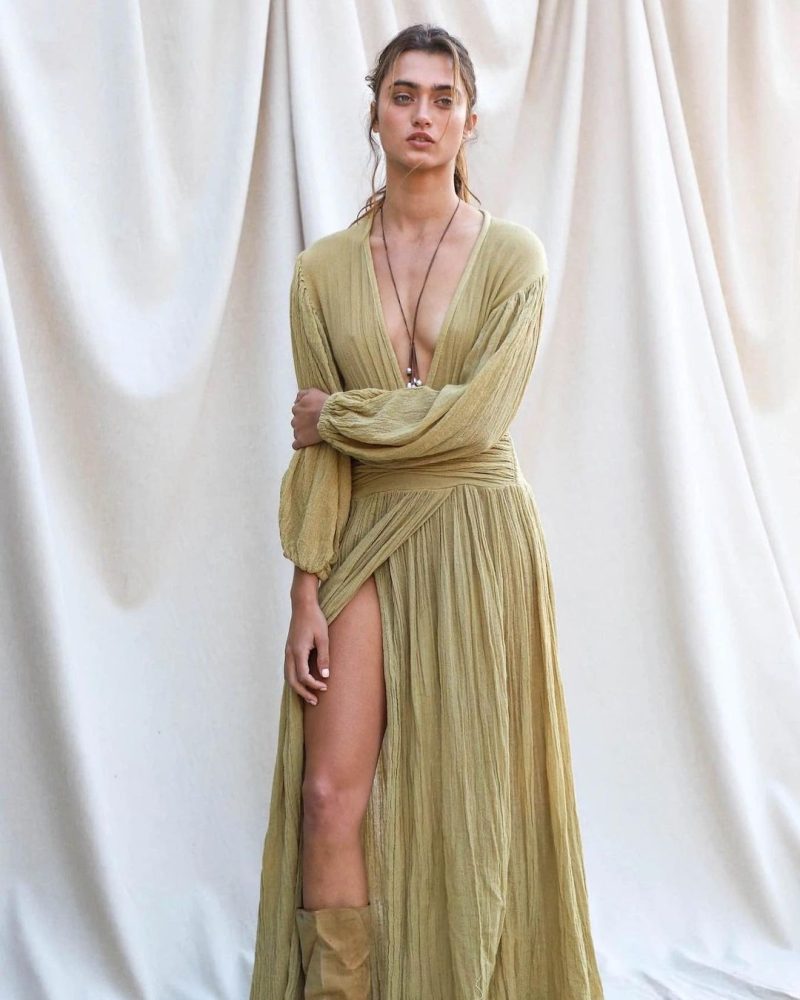 Lantern Sleeve Cotton Linen Vacation V-neck Slit Dress - Image 5