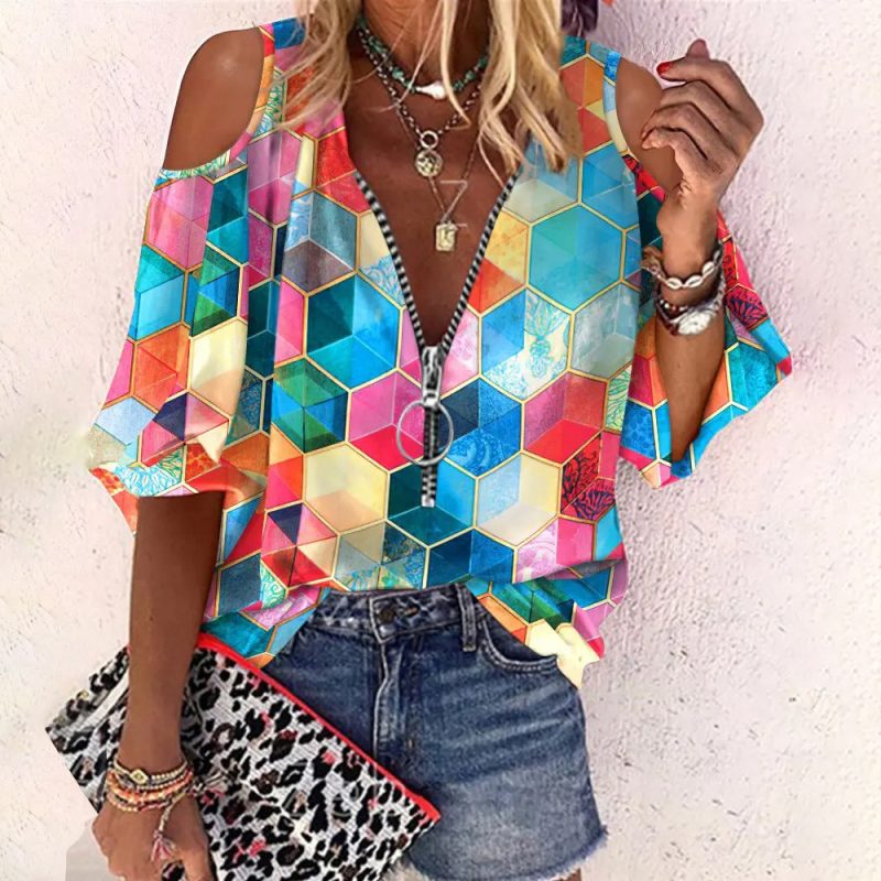 Summer Printed V-neck Zipper off-Shoulder Loose Casual Shirt - Image 2