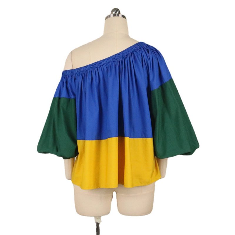 Sexy Oblique Shoulder Elastic Band Loose Lantern Sleeve Contrast-Color Ruffled plus Size Women  Shirt Top - Image 4