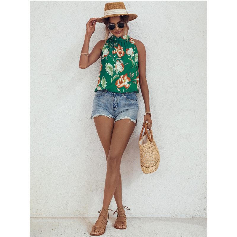 Casual Women Shirt Floral Print Sleeveless Stand Up Collar Tie Shirt - Image 4