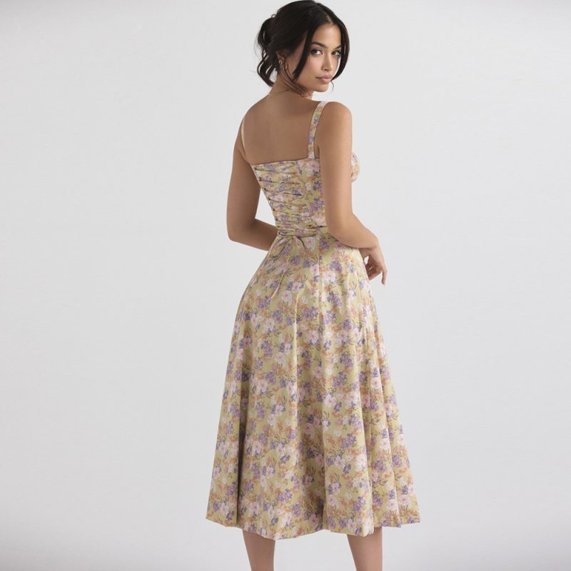 Women Clothing High Waist Slit Floral Strap Dress Women Socialite Vacation Dress - Image 4
