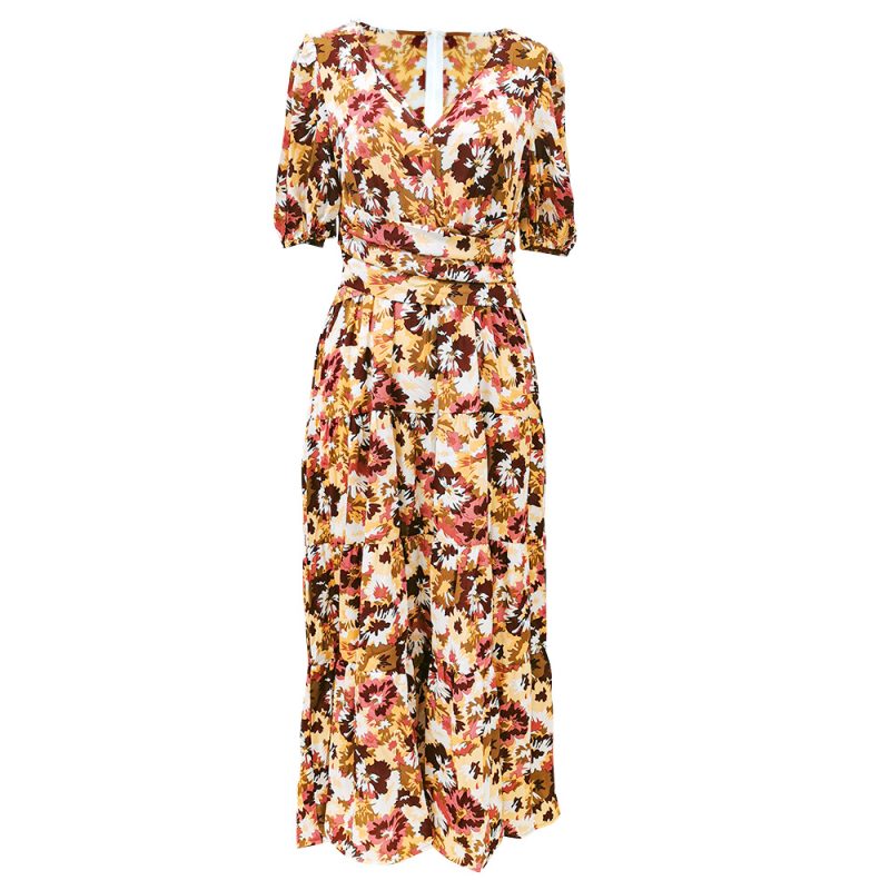 Printed Short Sleeved Dress Women Summer V Neck Waist Controlled Slimming Maxi Dress - Image 5