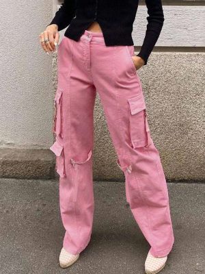 Street Loose Multi Pocket Cargo Pants Retro High Waist Straight Casual Jeans