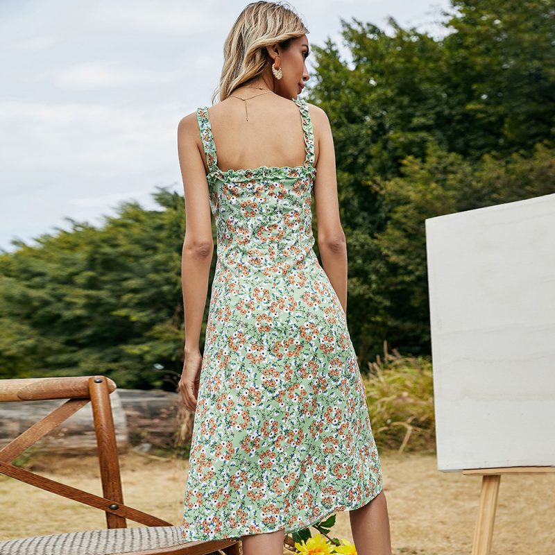 Summer Women Clothing Elegant Wooden Ear Mid-Length Strap Floral Dress for Women - Image 3