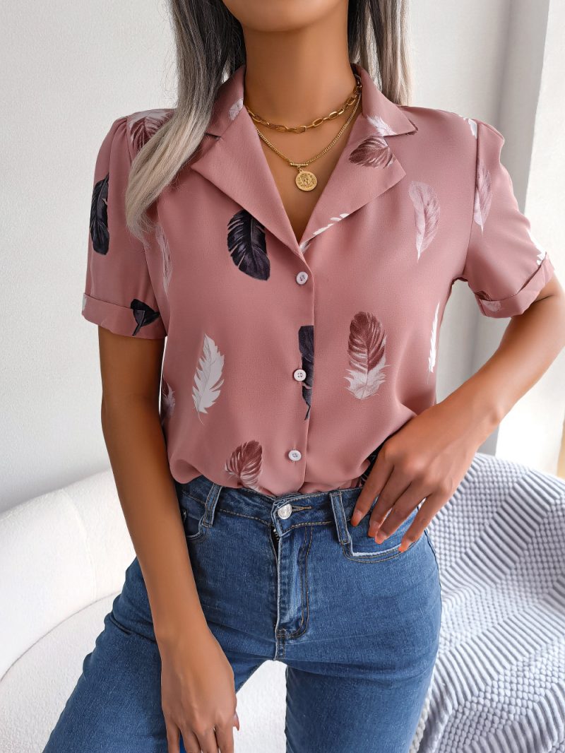 Summer Elegant Collar Feather Loose Short Sleeve Shirt Women Clothing - Image 3