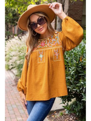 Orange Embroidered Puff Sleeve Top Women Loose Round Neck Pullover