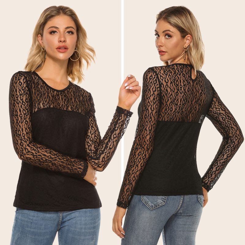 Spring Summer Women Round-Neck Sexy Hollow Out Cutout out Lace Stitching Long Sleeve Casual Bottoming Shirt - Image 5