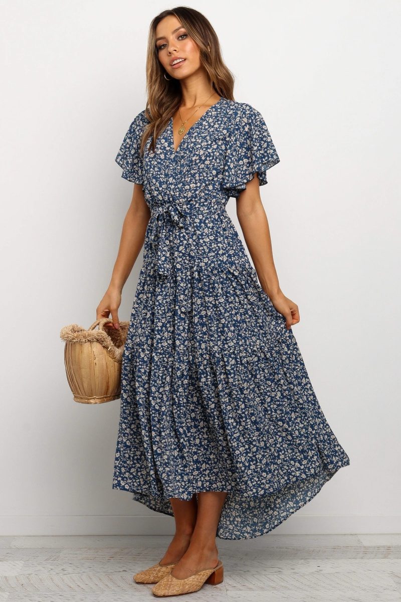 Summer Women V Neck Short Sleeve Ruffled Large Swing High Waist Tie Shoulder Floral Chiffon Dress Long Dress - Image 2